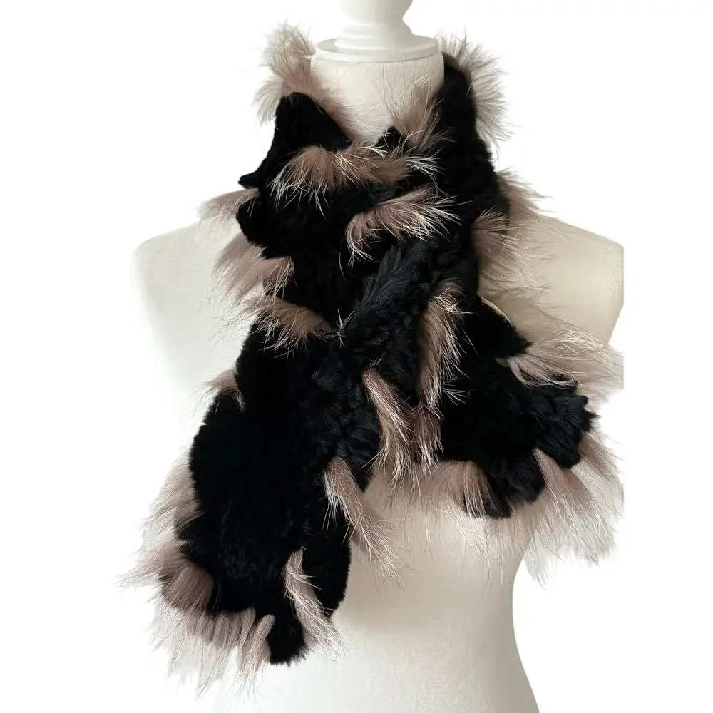 Genuine Rex Rabbit Fur Pull Through Scarf Fox Fur Trim Black Winter Wrap 36
